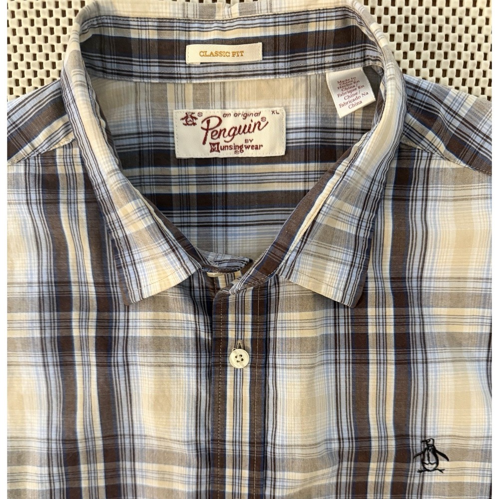 Mens Penguin Plaid Short Sleeve Button Down Classic Fit Shirt Size Large Preppy